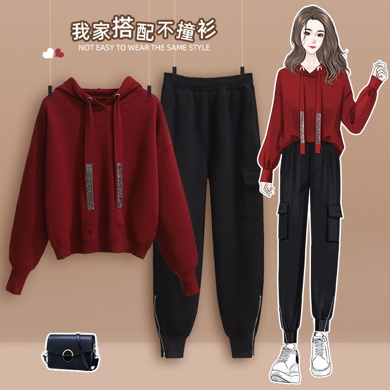 2022 autumn and winter new large size fat sister high-end salt cool sweater slim casual pants sports suit