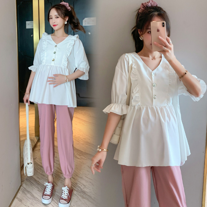 Pregnant woman summer dress suit Korean version fashion Tidal Hot Mother Snowspun Shirt Blouse padded jacket Toabdominal pants Summer pregnant woman Two sets 