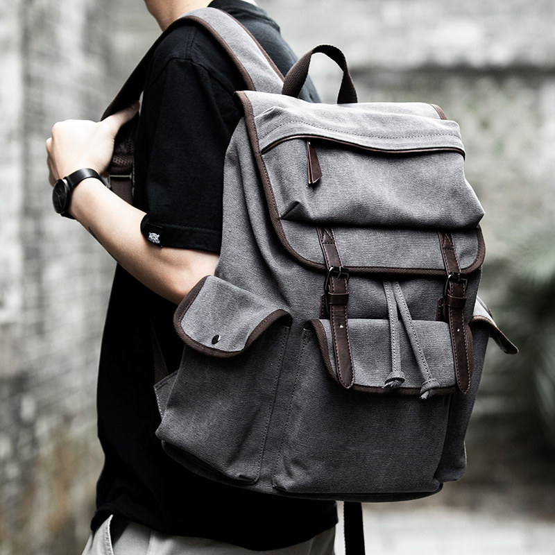Hong Kong 2022 trendy retro double shoulder bag Male Canvas Shoulder Bag Light Travel Bag College Student Bag Computer Men Bag