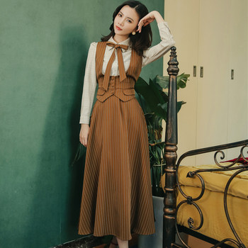 Republic of China wind vest shirt three-piece suspender skirt French niche suit skirt retro striped literary long skirt women's clothing