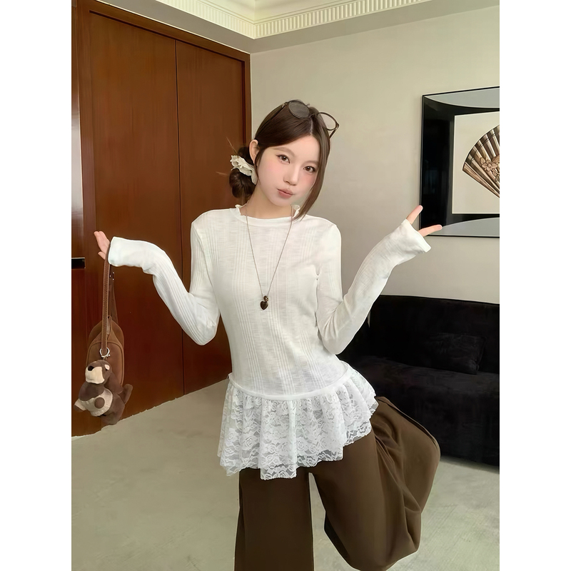 White Lace Trim Inner Layering Shirt for Women, Early Autumn New Style, Layered Korean-Style Long-Sleeve T-Shirt, Stunning Top White Lace Trim Inner Layering Shirt for Women, Early Autumn New Style, Layered Korean-Style Long-Sleeve T-Shirt, Stunning Top