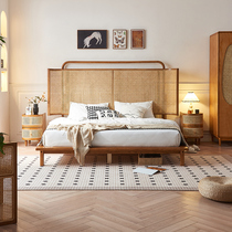 New Chinese-style master bedroom 1.5 meters single bed B&B hotel rattan 1.8 meters large bed double solid wood bed modern and simple