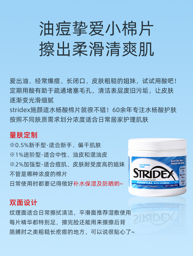 【中国直邮】程十安同款 Stridex  水杨酸棉片 刷去闭口 祛痘 祛痘印 粉刺黑头 清洁毛孔 1%水杨酸 蓝罐 进阶型 适合油痘性肌肤  55片*一瓶