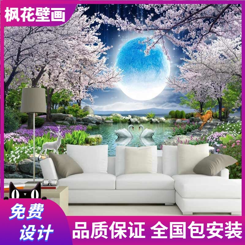 3D mural TV background wallpaper living room sofa wall covering seamless rural night view bedroom landscape wallpaper cherry blossom