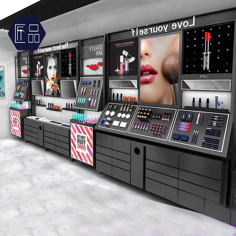 Custom Cosmetics Exhibition Cabinet Mechia Display Case in Shopping Mall Exhibition Hall Special Cabinet Shoes Bag shelving Island Display Terrace