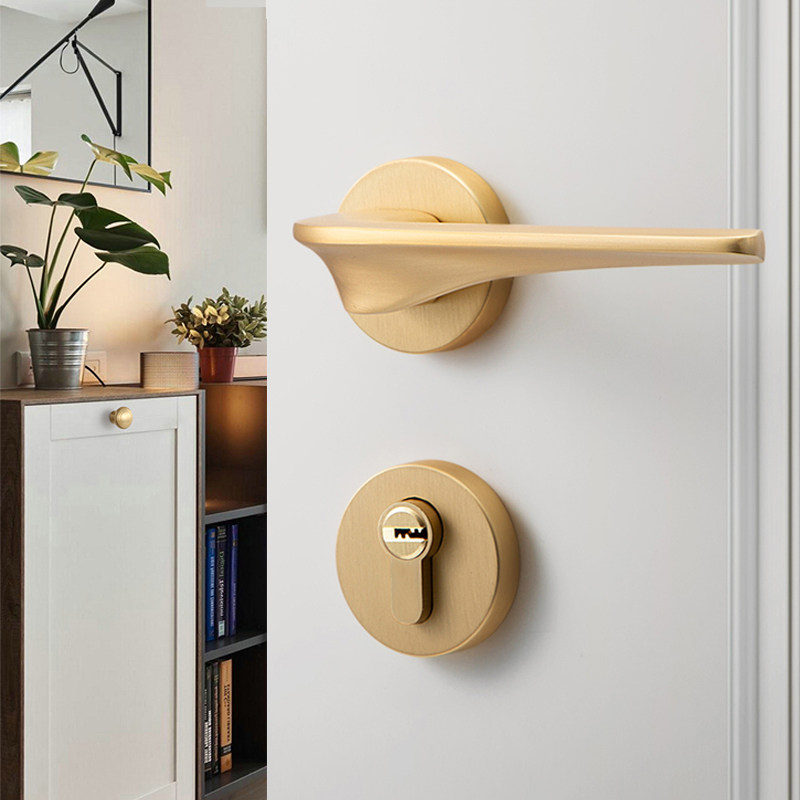 Indoor Bedroom Door Lock Magnetic Attraction Golden Two-style Wooden Door Door Handle Silent Home Universal Copper Wire Drawing Room Door Lock