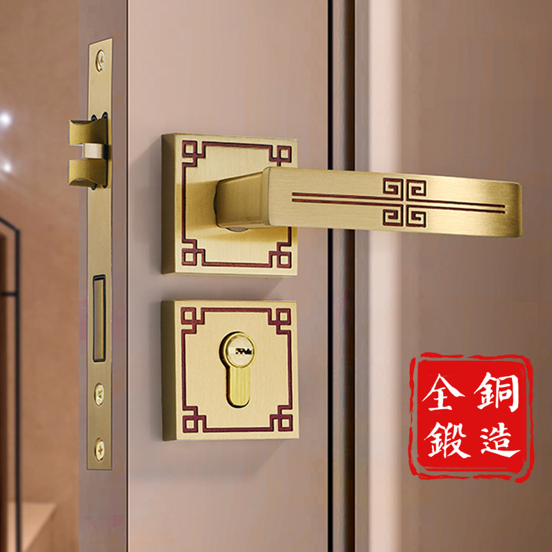 Pure copper door lock bedroom interior new Chinese-style mute universal magnetic door handle copper wire drawing all-copper room door lock