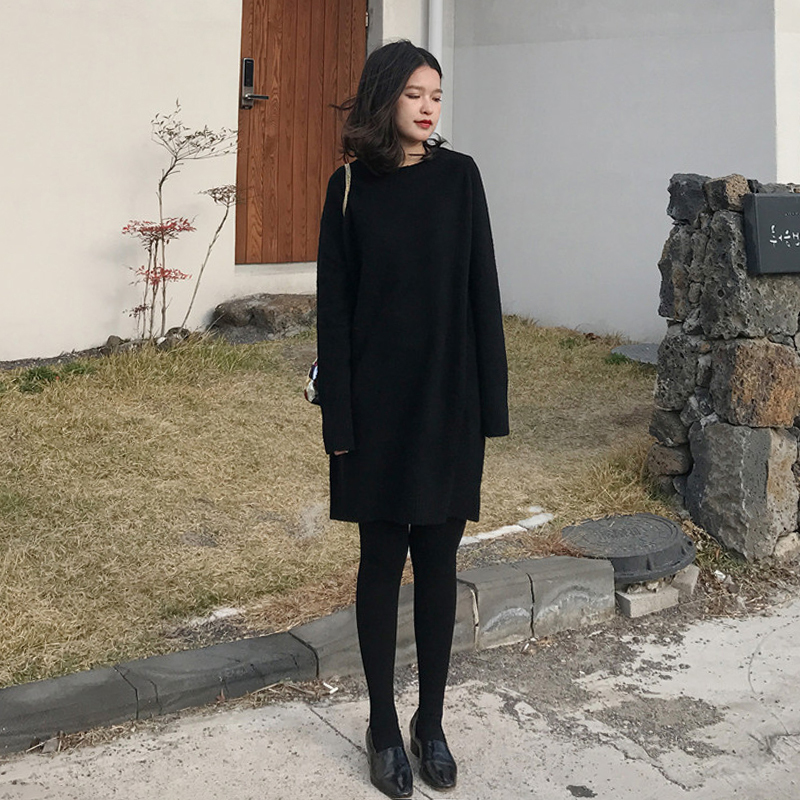 Autumn Outfit: Black Slimming Coat with Inner Knit Dress, Women's Autumn and Winter Mid-Length Sweater Dress, Little Black Dress