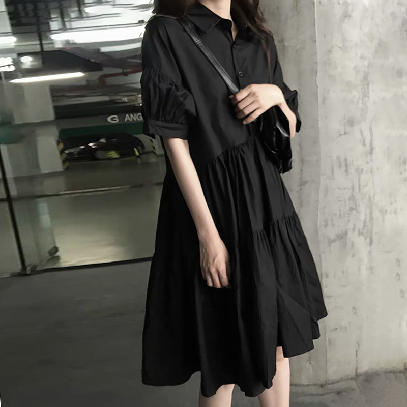 French Hepburn Style Little Black Dress Polo Black Tummy-Covering Age-Reducing Babydoll Dress Shirt Petite Dress Women's Summer