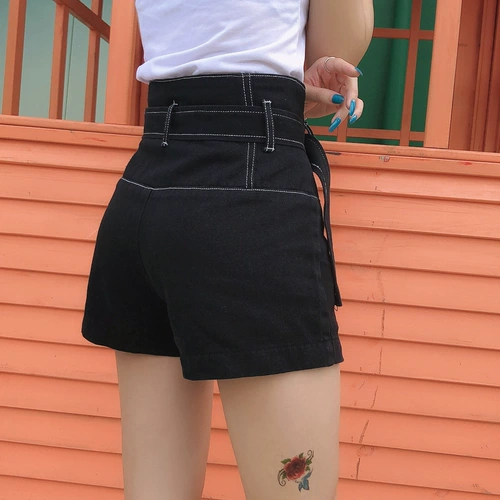 Черная джинсовая юбка, шорты, штаны, модный ремень, коллекция 2023, высокая талия, А-силуэт, свободный крой