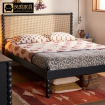 Rattan bed solid wood 1 8 double bed master bedroom home B&B Japanese style furniture black single bed 1 5 meter retro bed
