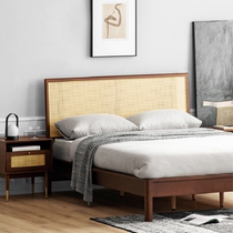 Nordic wabi-sabi style solid wood bed modern simple 1 8 meter large bed master bedroom B&B home retro 1 5 meter rattan bed
