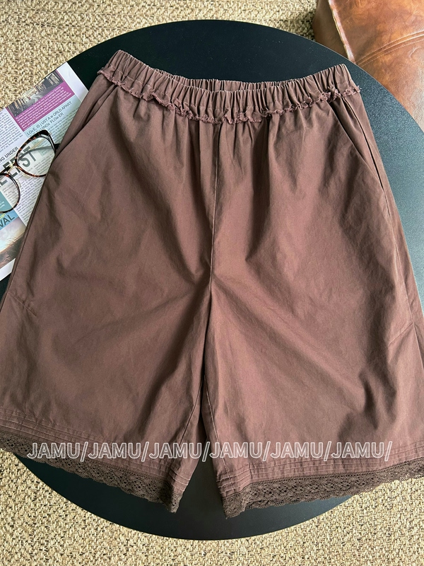 Jamu Summer New Style Dark Coffee Elastic Waist Shorts Women's Casual Korean Style Loose Lace Edge Casual Shorts
