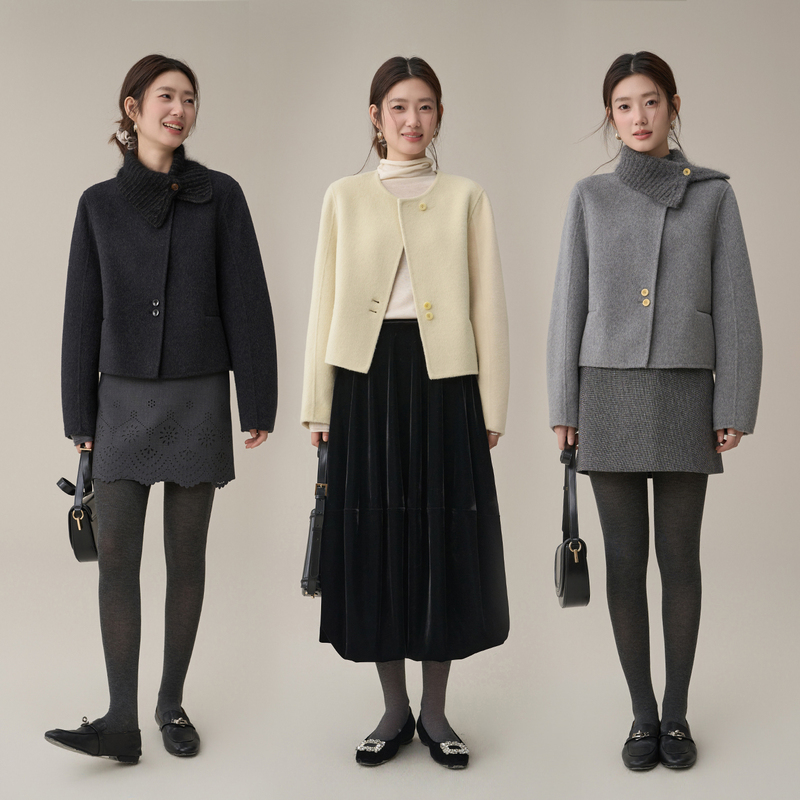Limoonli Knitted Scarf Collar Cashmere Wool Short Double-Sided Woolen Coat in Cream Yellow, Light Gray, and Black Woolen Coat