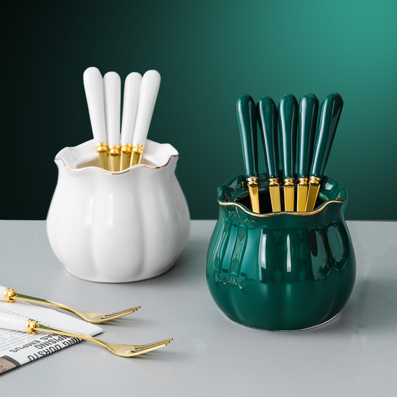 Nordic light luxury creative ceramic fruit fork set Cute household stainless steel fork Fruit sign snack small fork jar