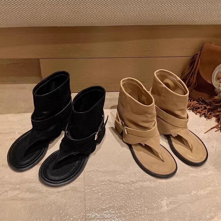 French Gua3 Three Sheepskin Inner Height-Increasing Herringbone Clip-On Sandals for Women, Summer Fashionable Hot Girl Short Roman Sandals