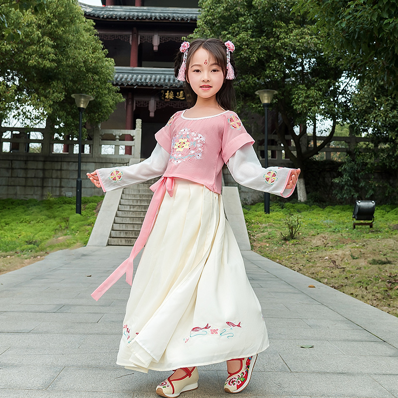 Children's hanfu original 2019 new Chinese style girls ' clothing embroidery flower tan collar short sleeve kimono dress set