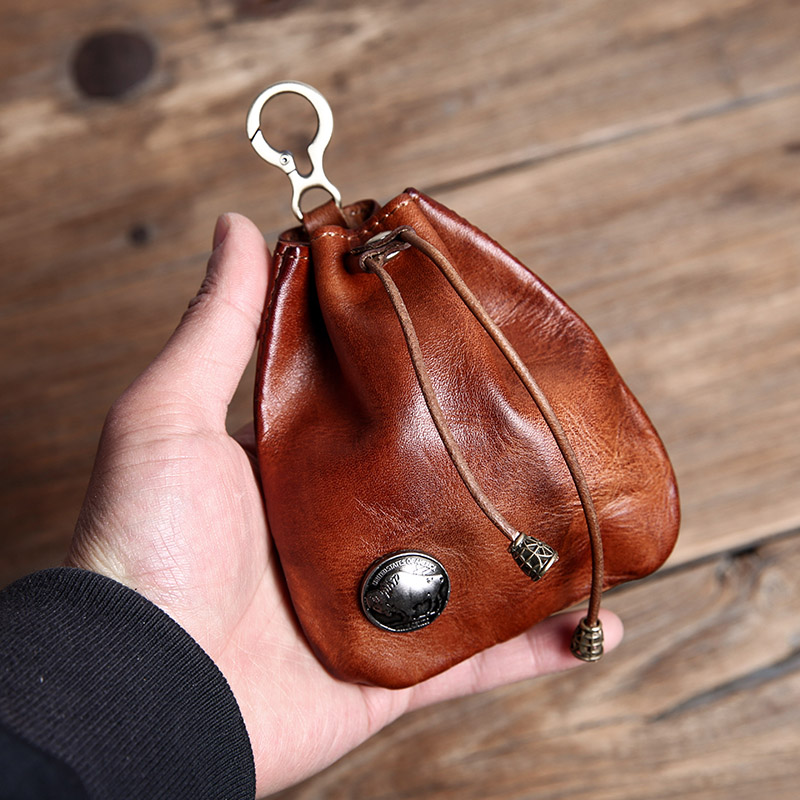 Retro Handmade Genuine Leather Zero Wallet Minimalist Car Key Bag Multifunction Head Layer Plant Tannic Bull Leather Coin Bag Pendant
