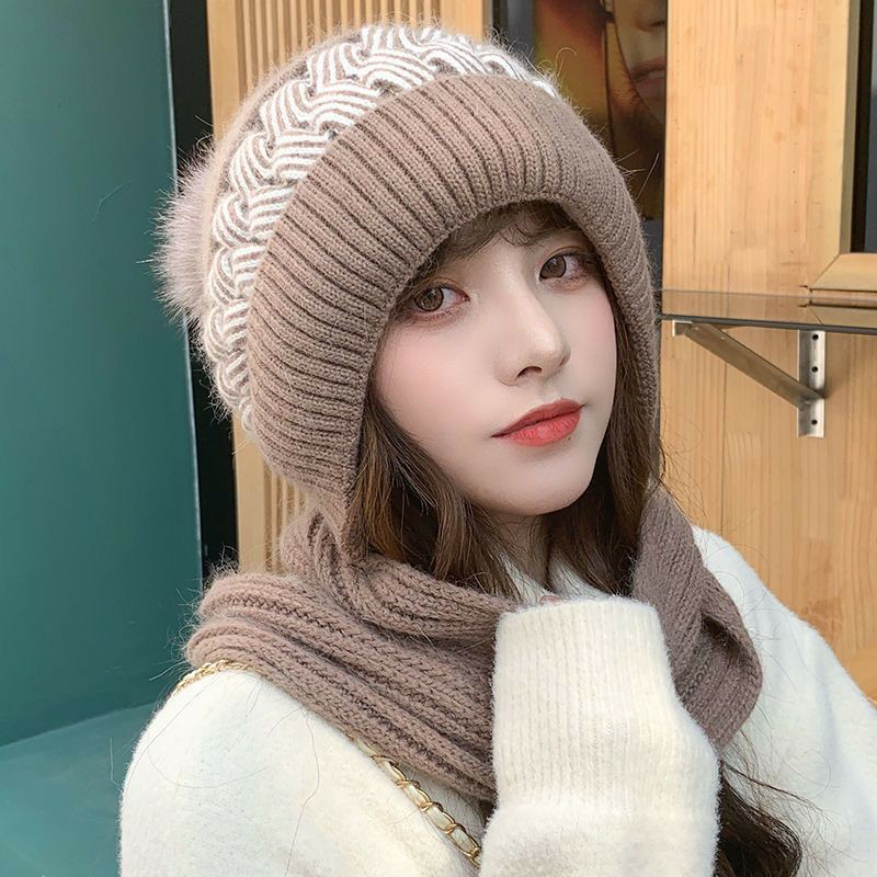 Hat Scarf NECK PROTECTION EAR WOMEN WINTER INTEGRATED WARM KNIT SCARF LADY RABBIT HAIR LINE HAT AUTUMN WINTER 100 HITCH VERSION-Taobao