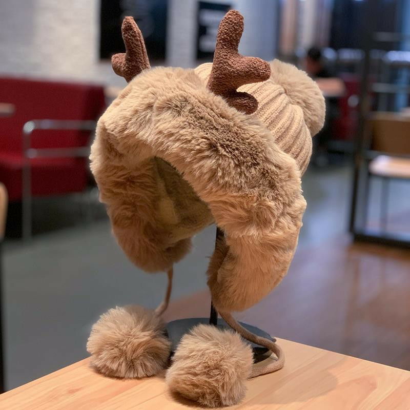 Hat lady Korean version bicyclist deer horns wool ball protection earthen plush hat Christmas thicken northeast Lei Feng cap autumn winter hat-Taobao