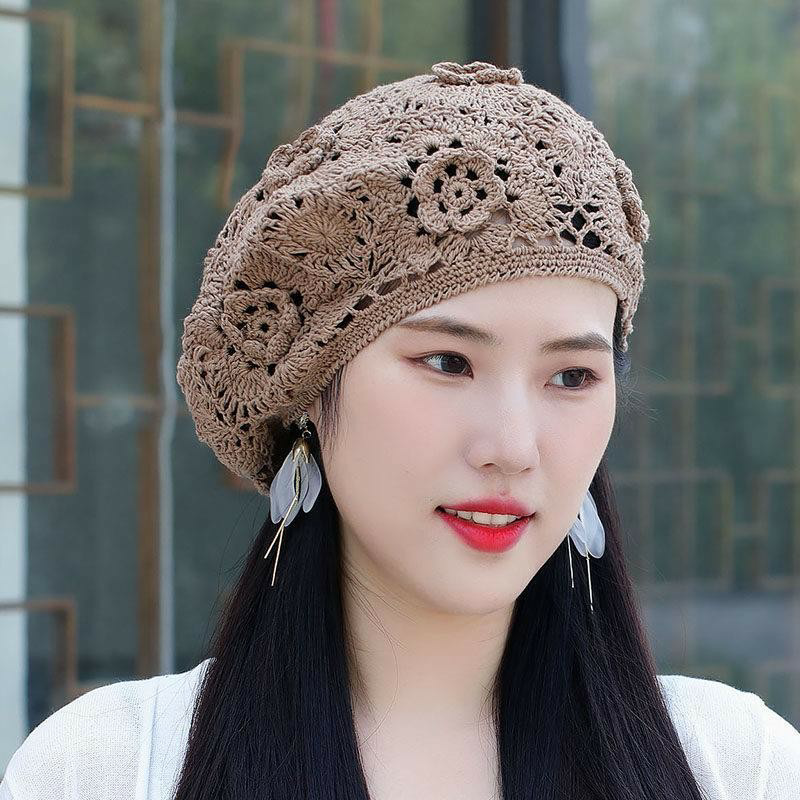 Hollowed-out Flowers Berets Female Autumn Winter Handmade Hats Knit Hat Single Layer Day Ensemble Beige Weave Hook Flower Retro Hat-Taobao