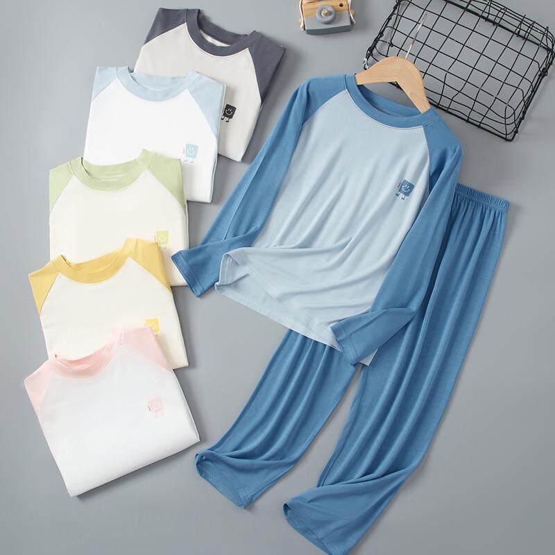 長袖エアコン対応子供用パジャマセット、夏用薄手スタイル、ティーンエイジャーの女の子用アイスシルク、男の子用長ズボンホームウェアセット