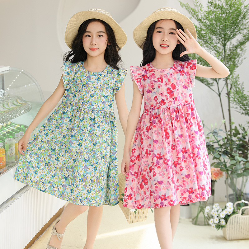 Girls' Summer Cotton Dress, Princess Style, Artificial Cotton, Stylish Floral Print, Small Flutter Sleeves, Sweet and Breathable Girls' Summer Cotton Dress, Princess Style, Artificial Cotton, Stylish Floral Print, Small Flutter Sleeves, Sweet and Breathable