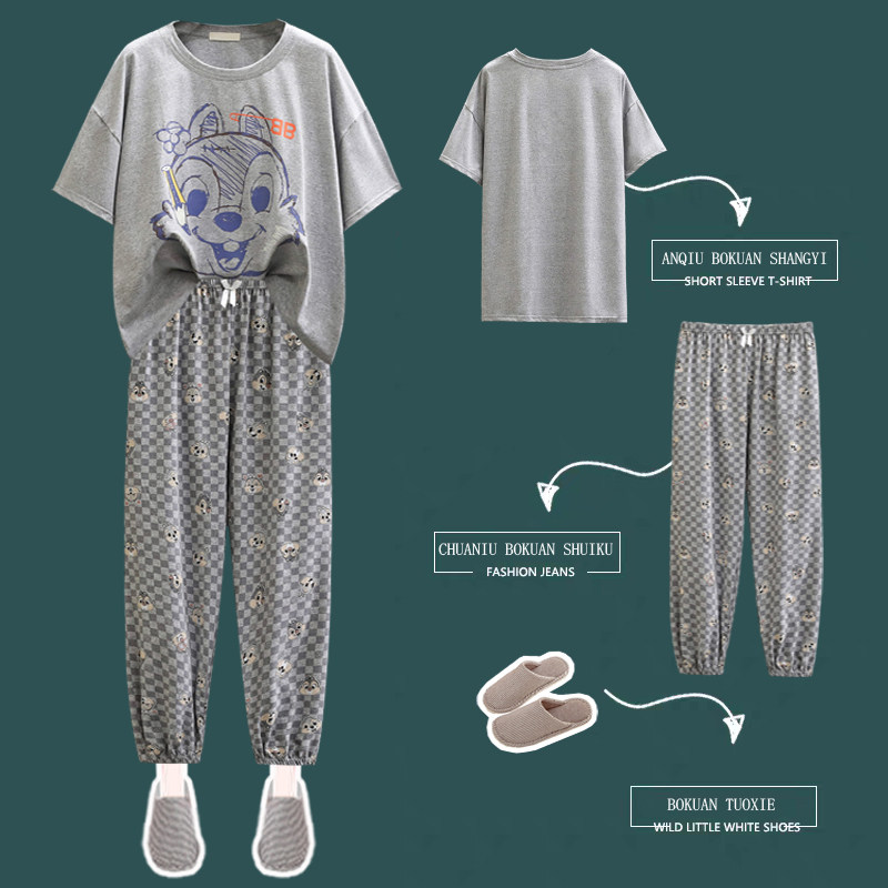 Large size sleepwear woman 200 catty short sleeve pure cotton long pants cartoon squirrel round collar home clothes can be worn out of suit-Taobao