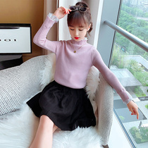 Girls lace collar sweater 2020 autumn and winter new Korean version of Western style childrens semi-high neck black and white bottoming shirt