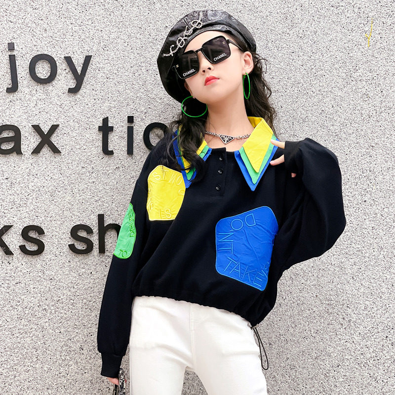 Tides ~ Girls 2022 new spring clothing casual blouses Street Clothes Spring Autumn Tide Card Clothing Short CUHK Girl Scout