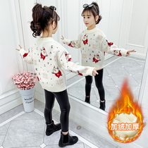Girls  Christmas sweater 2020 autumn and winter new Korean version of the big childrens round neck Western style plus velvet thick knitted bottoming shirt