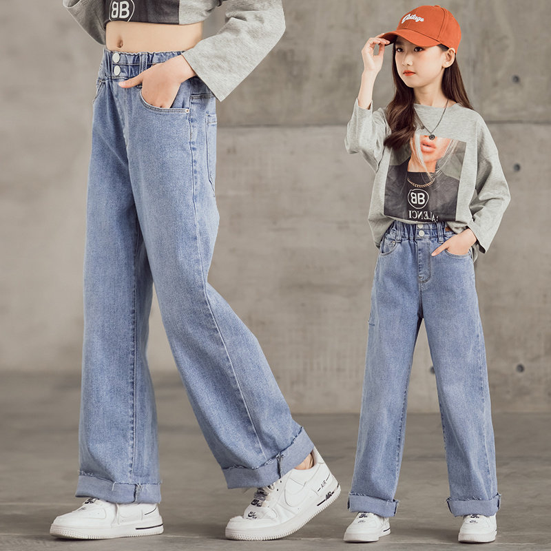 Girls' ripped jeans loose wide-leg pants 2022 spring and autumn new style outerwear foreign style pants middle-aged children's straight-leg pants
