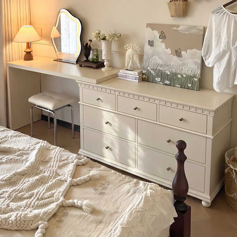 Suamu French-Style Vintage Cream-Colored Dressing Table and Chest of Drawers Integrated Bedroom Small Apartment Bedside Corner Vanity Table