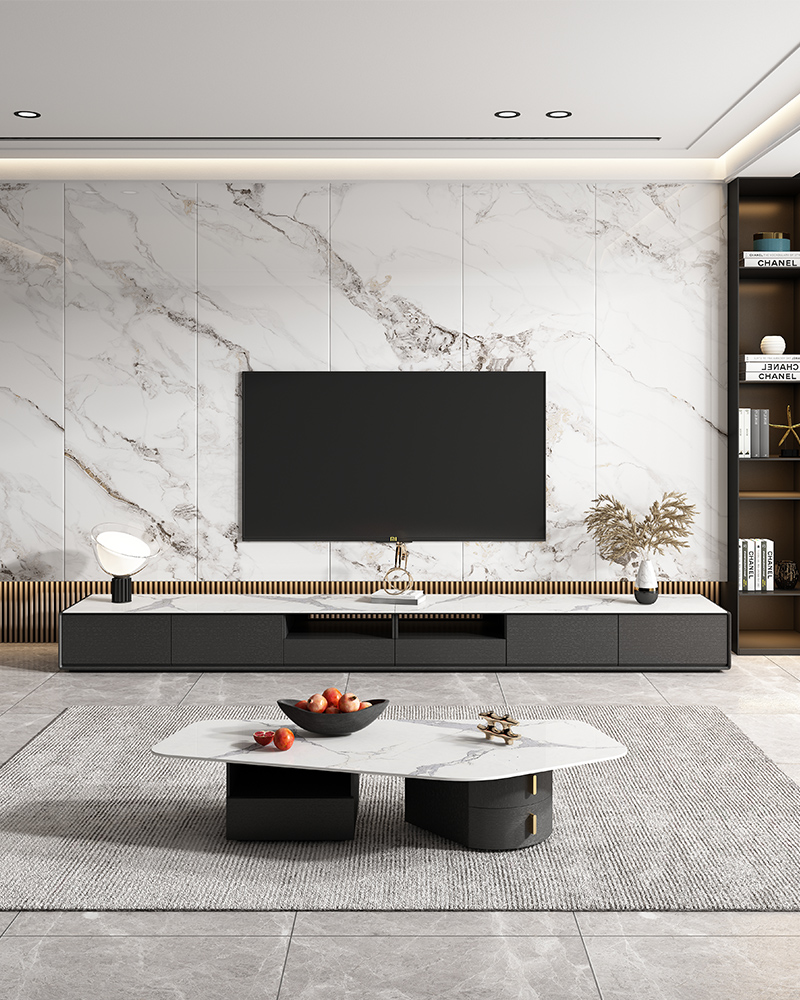 Italian rock board TV cabinet coffee table combination Nordic light luxury table black simple modern living room TV cabinet