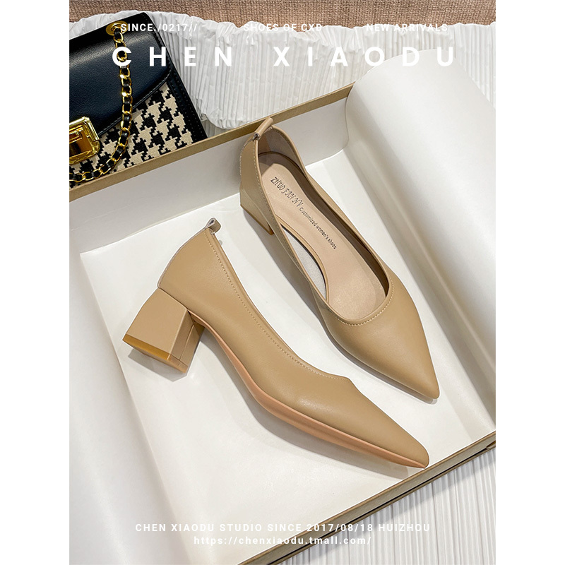 French-Style Chunky High Heels, Feminine, Suitable for Commuting, Professional Work Shoes, Leather Shoes That Are Not Tiring, Pointed Toe, Interview Shoes, Mid-Heel French-Style Chunky High Heels, Feminine, Suitable for Commuting, Professional Work Shoes, Leather Shoes That Are Not Tiring, Pointed Toe, Interview Shoes, Mid-Heel