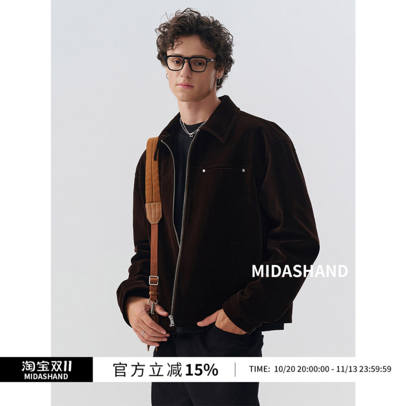 Wu Junteng's Style | Midashand Velvet Amber Jacket Men's Old Money Style Lapel Heavy-Duty Outerwear Autumn
