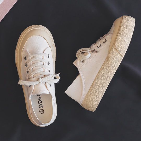 Off-Mdns Genuine Canvas Shoes for Women, New Summer Beige Sneakers, Solid Color Versatile White Shoes