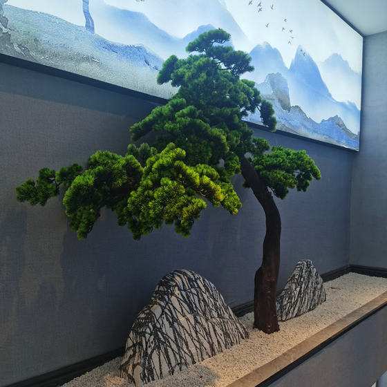 Artificial Welcoming Pine Tree in New Chinese Style, Floor-Standing Ornament for Entrance and Courtyard, Pine Tree and Arborvitae Design, Landscape-Style Solid Wood Fake Tree
