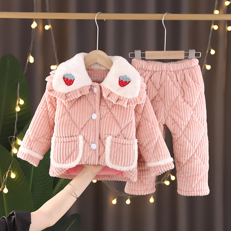 Children's flannel padded pajamas Autumn and Winter Girls Coral Fleece Thickened Warm Baby Girls Home Wear Set