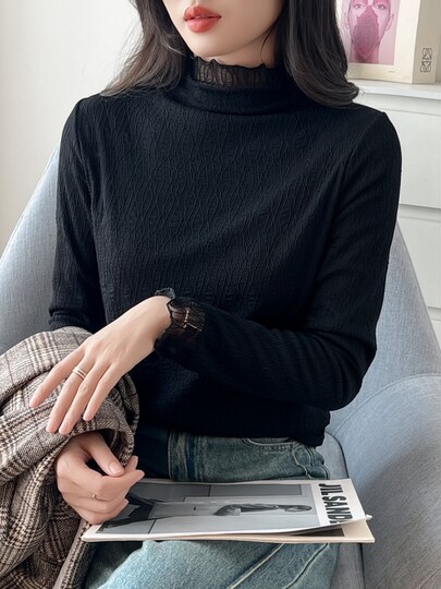 Fleece-Lined Lace Base Shirt for Women, Autumn and Winter New Style, Elegant Mesh Inner Layer, Half-High Collar Top with Ruffled Edges