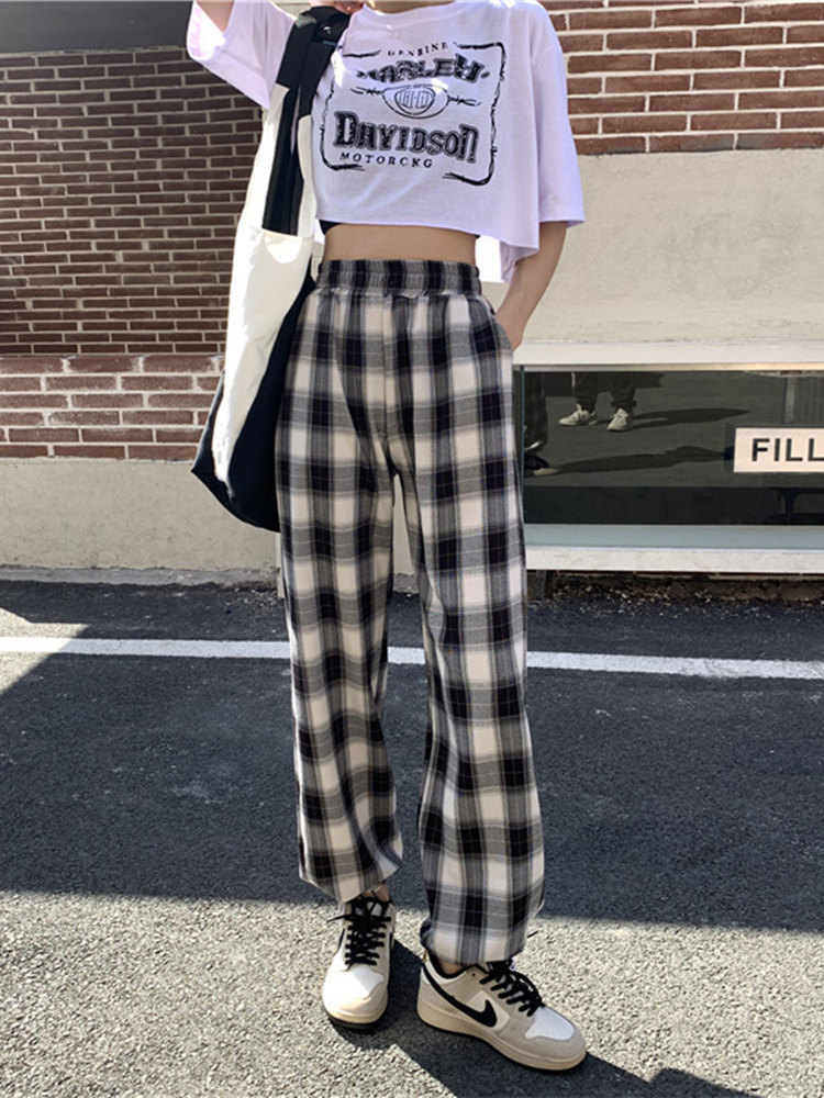 Black and white plaid pants women loose straight tube 2021 spring new hanging two wear casual plaid mopping wide leg pants