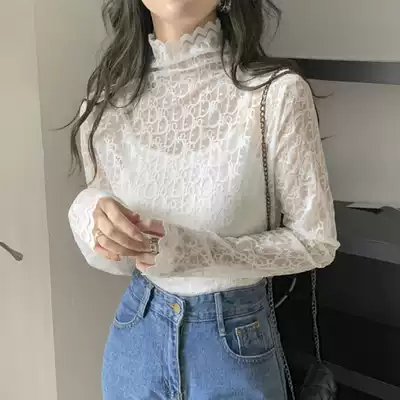 Lace base shirt female mesh hollow autumn and winter clothes New temperament fashion foreign style high collar interior long sleeve top
