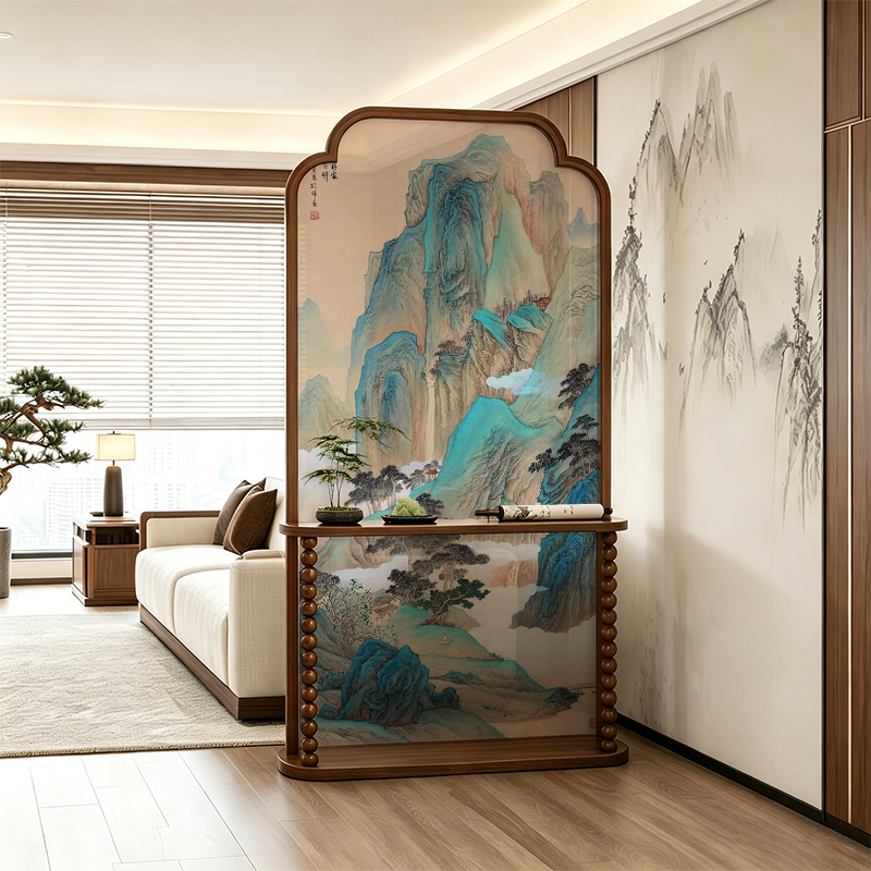 New Chinese-Style Song-Style Aesthetic Solid Wood Screen Partition Decoration for Living Room Entrance, Movable Screen with Traditional Landscape Paintings New Chinese-Style Song-Style Aesthetic Solid Wood Screen Partition Decoration for Living Room Entrance, Movable Screen with Traditional Landscape Paintings