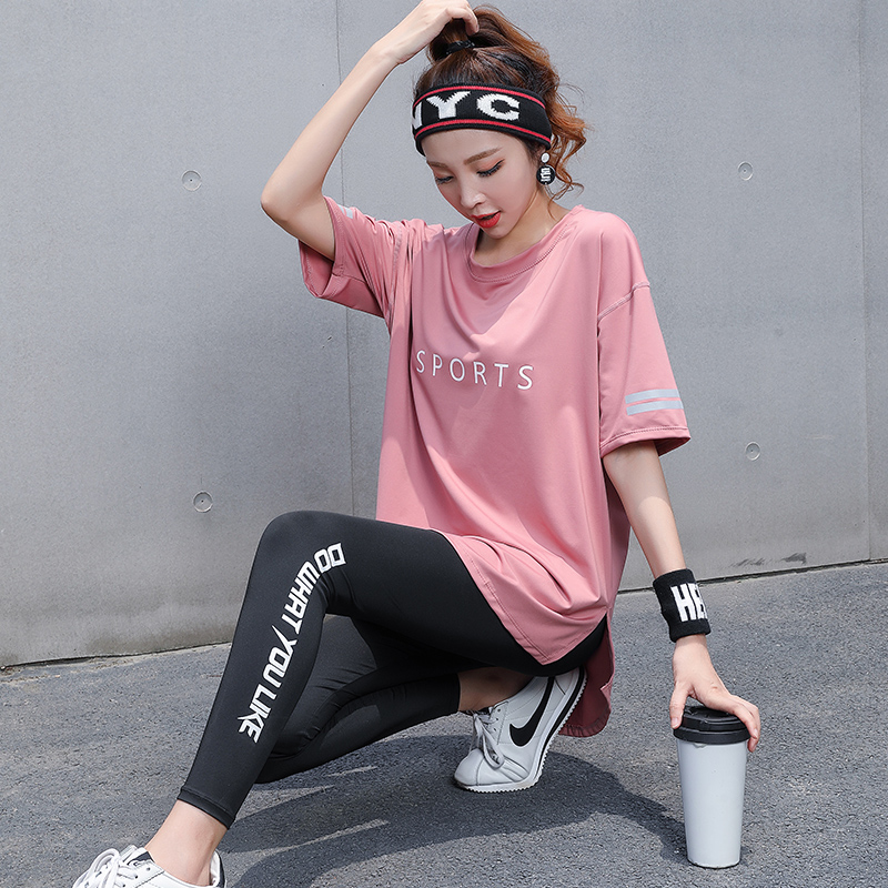 Running sportswear suit women's summer style large size yoga suit fat mm loose 200kg gym short sleeve clothes