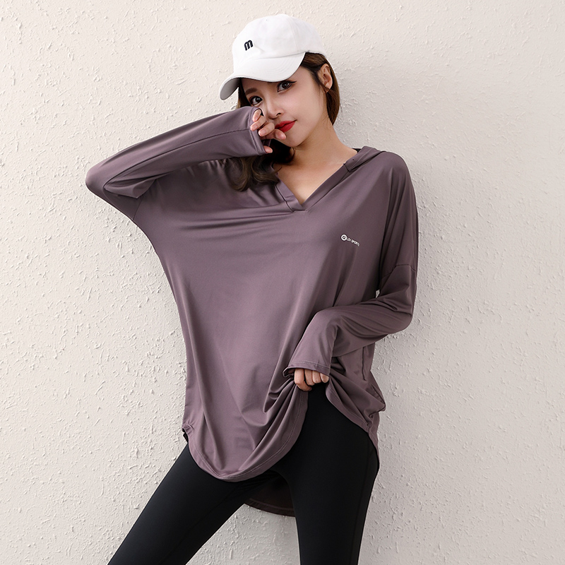 Long sleeve yoga suit blouse with long version cover hip and autumn large size Loose Fat mm200 Jin Fitness Sportswear Suit Woman