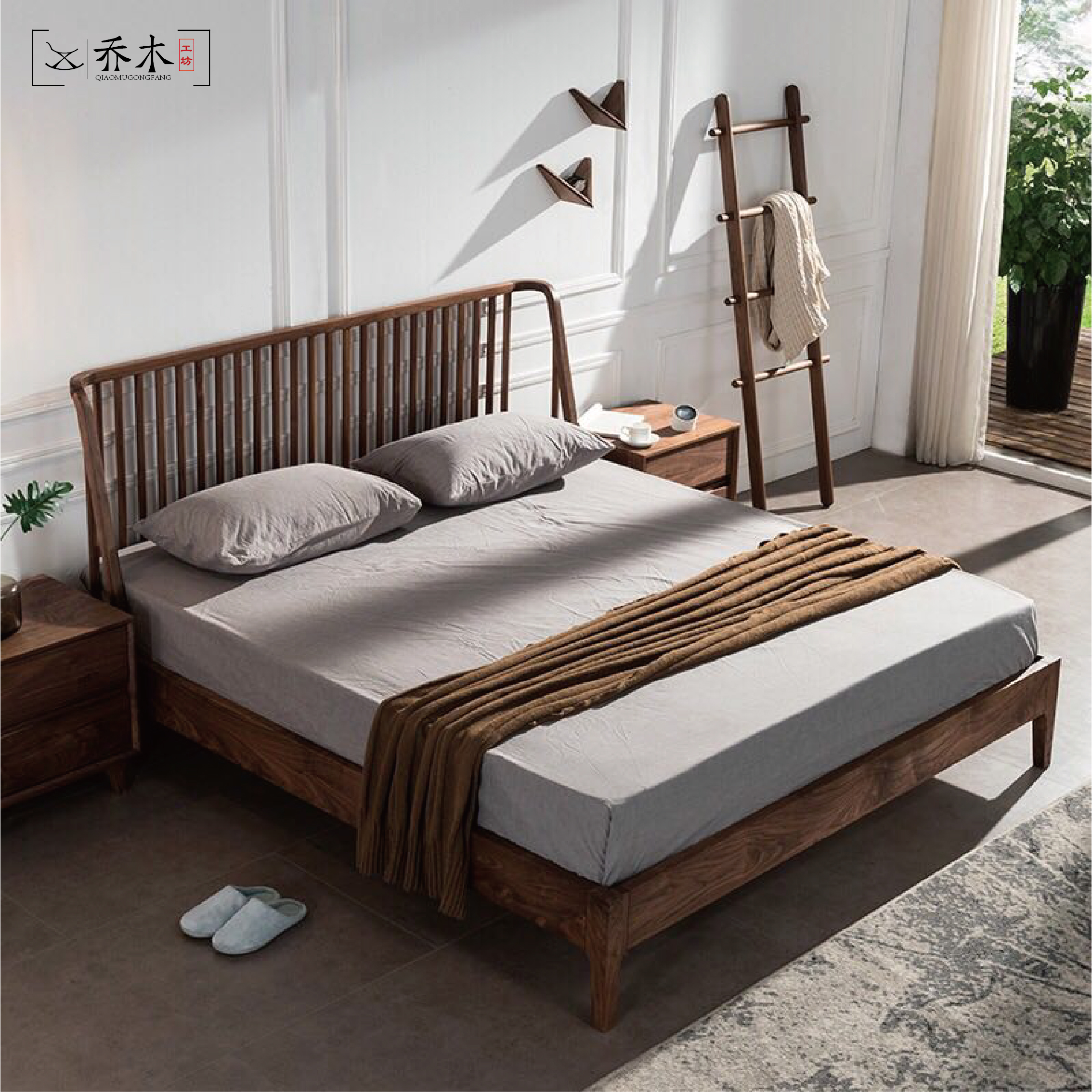 Nordic minimalist style Black walnuts design log solid wood Japanese style dwarf bed oak double man bed natural bedroom wedding bed-Taobao