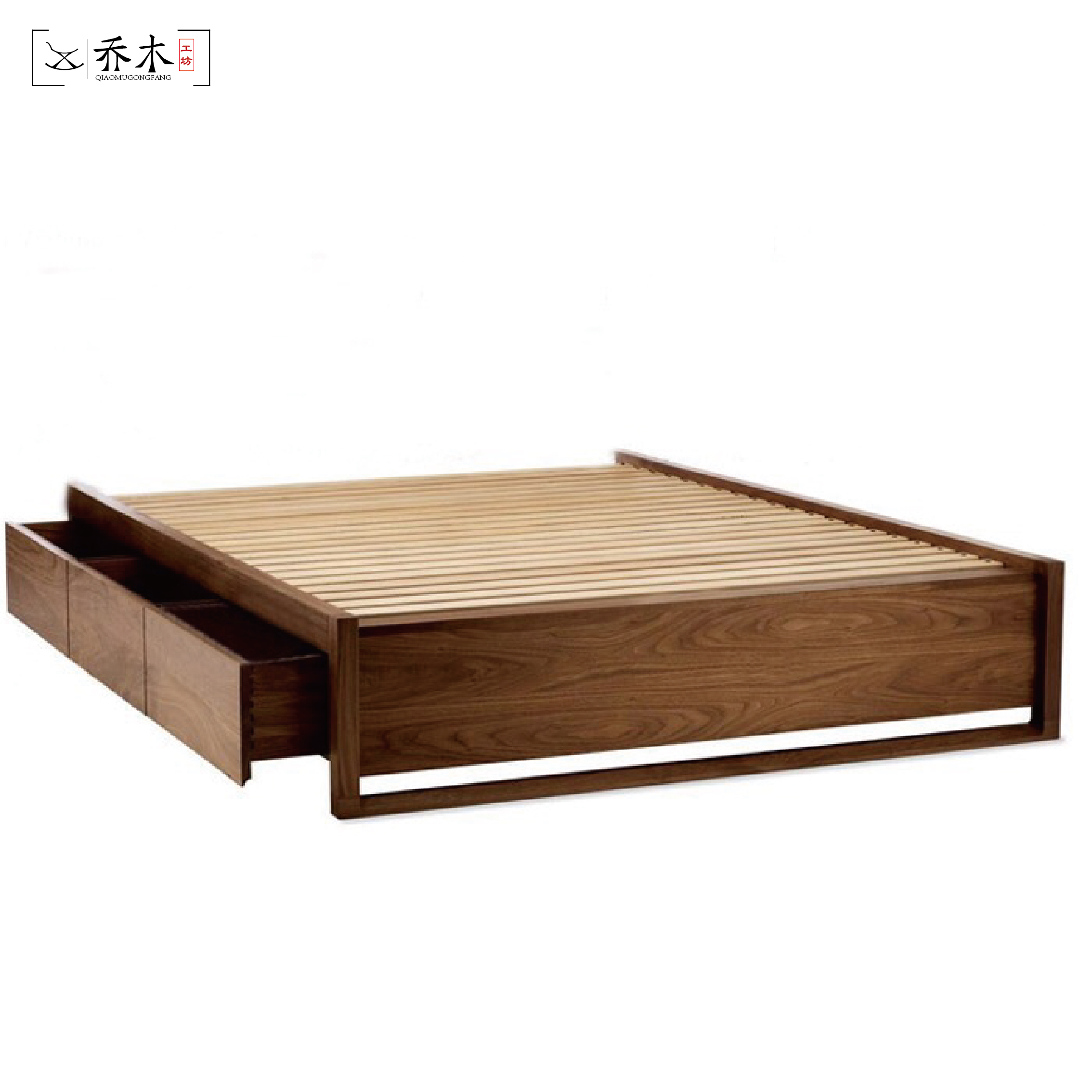Nordic Japanese simple solid wood drawer storage bed oak black walnut tatami no bedside high box bed log