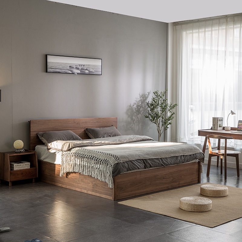 Arbor Nordic solid wood bed modern minimalist high box new double air pressure large storage space black walnut master bedroom