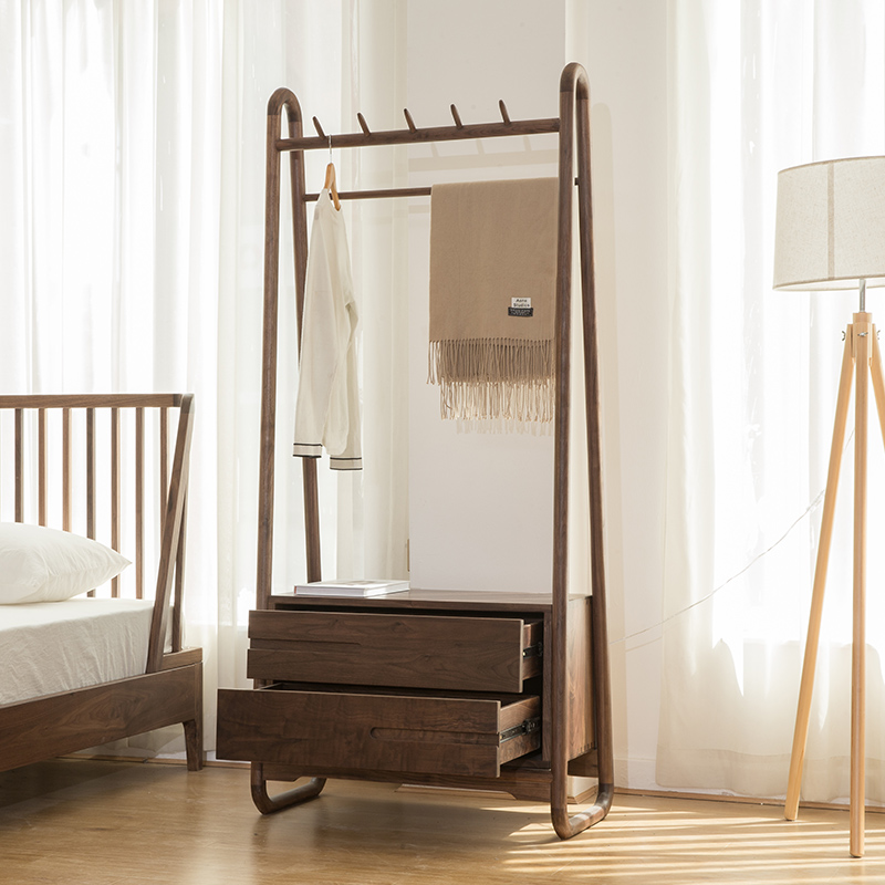 Nordic full solid wood hanging hanger black walnut wood floor clothes hat furniture minimalist home change of shoes stool shoe cabinet one-piece