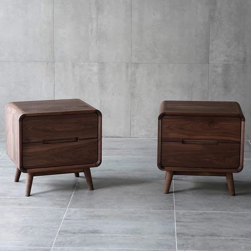 Arbor Nordic Simple Black Walnut Bedside Table Classic Japanese Double Drawer Two Drawer Cabinet Storage Cabinet Furniture Customization